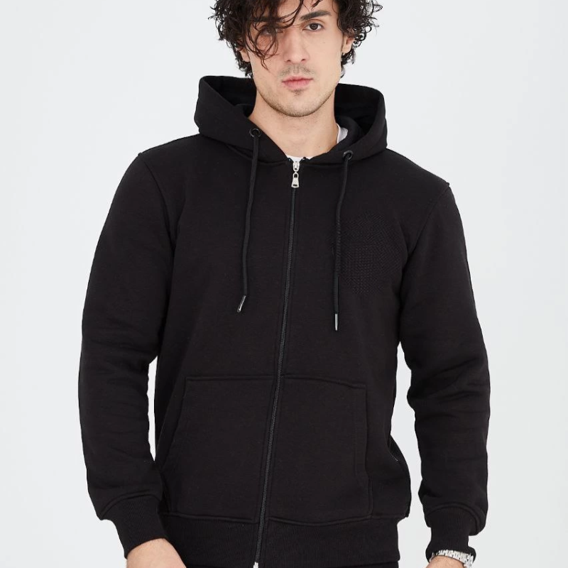 Tam Fermuarlı Kapşonlu  SweatShirt - Siyah -